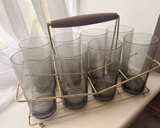 Mid-century 8 Glass Beverage set in  Wood Handle Wire Transport Carrier Caddy