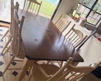 Farmhouse Kitchen Table nad 6 Chairs in White with Medium Wood Tone Top 