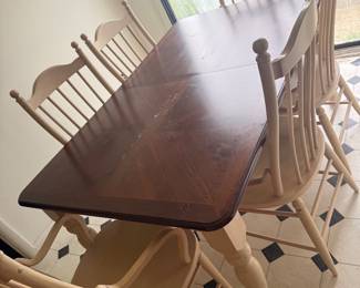 Farmhouse Kitchen Table nad 6 Chairs in White with Medium Wood Tone Top 