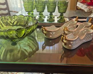 1970s green bowls and buffet silverware trays