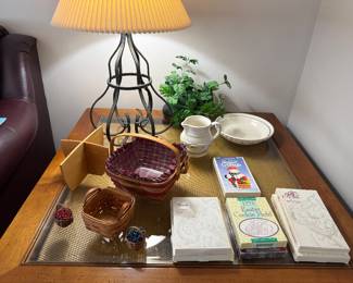 Longaberger and other items, table has drawer that pulls out for placing display items inside