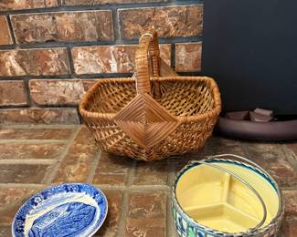 Pottery basket, old transferware dish, vintage small gathering basket