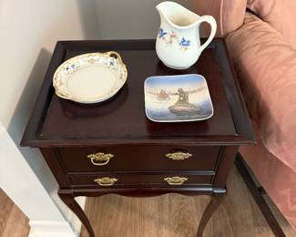 Blue bird dishes, Royal Copenhagen dish, another tea table