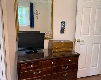 Ethan Allen Dresser, mirror, vintage jewelry box, small TV