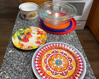 Pyrex mixing bowls, pier 1 melamine, soufflé dishes