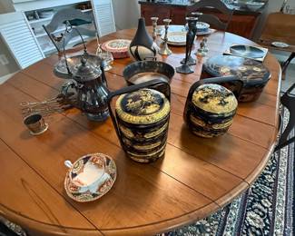 Dining table with chairs,  silverplate, lacquerware, etc