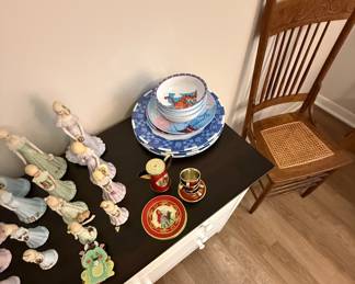 Oak pressed back antique chair, birthday figurines, child dishes