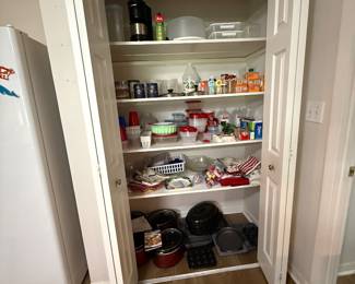 Pantry items, blue & white Christmas plates