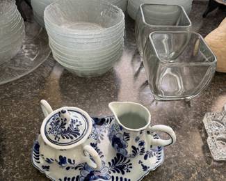 Blue & white sugar & creamer, variety of glass dishes