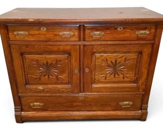 Antique Wooden Sideboard Cabinet w Carved Star Detailing