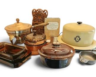 Vintage Hull Pottery Oval Cassarole, Visions Double Boiler Pan, Brass Copper Chafing Dish More