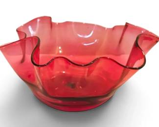 Pink Art Glass Ruffled Bowl Signed P. Caldwell