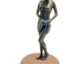 Bronze Sculpture of Woman on Rotating Wood Base Signed 9 x 19
