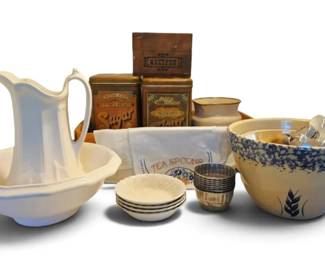 Roseville Pottery Bowl, Metal Canisters, Wood Recipe Box More