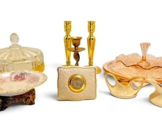 Pink Depression Glass Cake Stand Candy Dish, Baldwin Brass Candlesticks, Lenox Clock, More