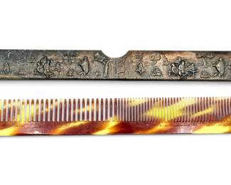 Faux Tortoiseshell Comb with Embossed Village Scene