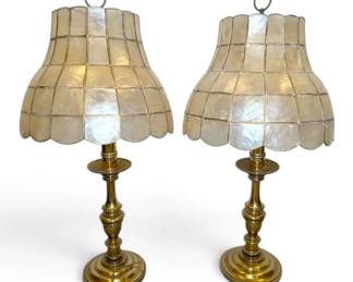 Hollywood Regency Capiz Shell Brass Table Lamps