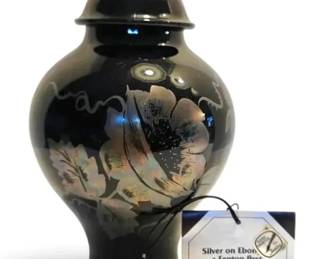 Fenton Silver on Ebony HandPainted Glass Ginger Jar Signed