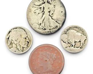 1934 Walking Liberty Coin, 1845 Coronet Head Penny, 2 Buffalo Nickels