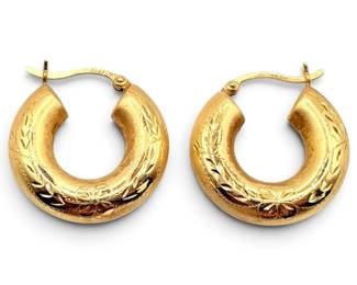 14k Gold Chunky Engraved Hoop Earrings 3.62g