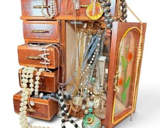 Wooden Jewelry Box Filled With Jewelry