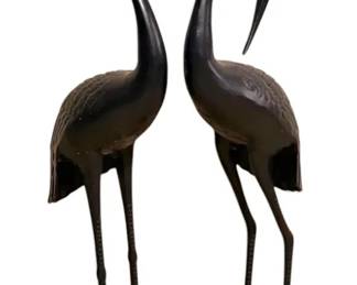 Two Metal Outdoor Crane Statues
