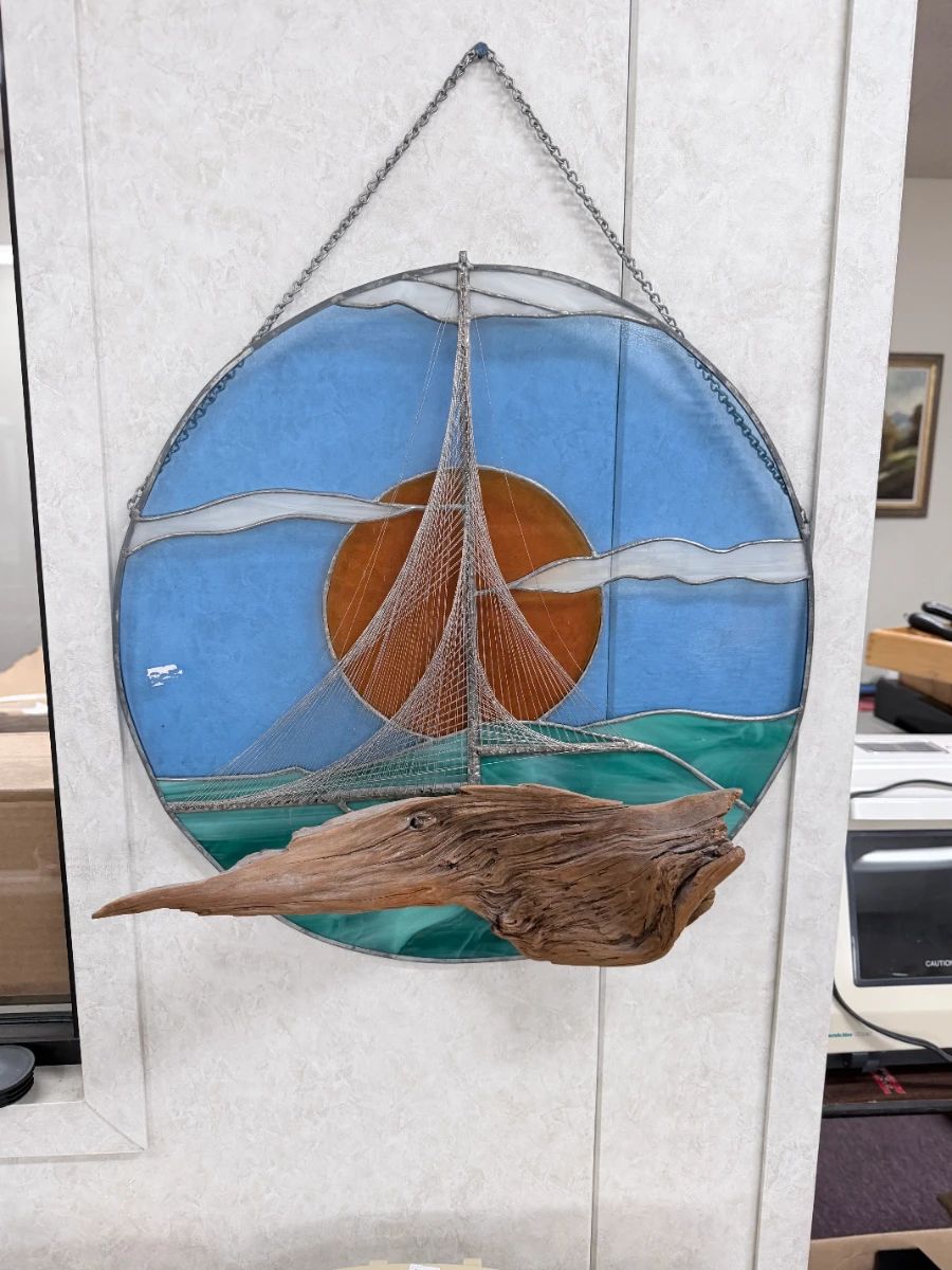 Stained glass wall hanging w/ driftwood.