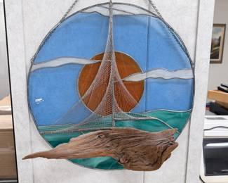 Stained glass wall hanging w/ driftwood.