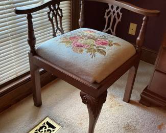 Chippendale corner chair.. cushion was hand needle pointed by Mrs. Wisham.