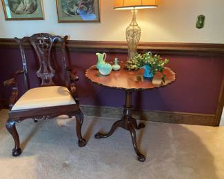 Biggs. Solid mahogany, tilt top pie crust, table with ball and claw feet. Maitland - Smith mahogany Chippendale side chair also with ball and claw feet.