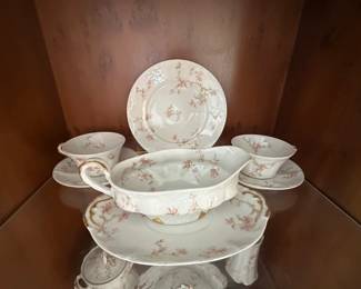 Theodore Haviland Limoges France Covered Vegetable Bowl and Under Plate featuring a delicate pink floral pattern &gold-tone accents
