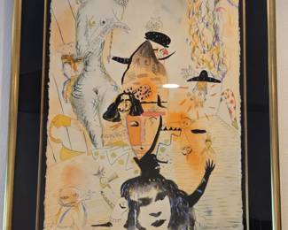 Framed color lithograph titled "Los contrabandistas" (The Smugglers) from the Carmen Suite portfolio by Salvador Dalí, created around 1970.