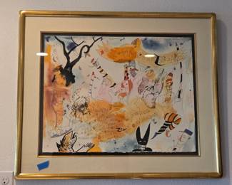 Surrealist watercolor and ink composition featuring carnival-like figures, musical notes, a banner reading "El amor es la esencia del arte," and handwritten references to various artists like El Bosco, Buñuel, and Velázquez.