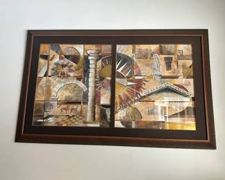 Framed Artwork mixed media piece titled "Temple Diptych" by 20th-century American artist Carol Santella Paul (Carol Paul)