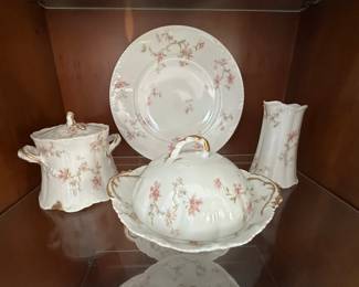 Theodore Haviland Limoges France Covered Vegetable Bowl and Under Plate featuring a delicate pink floral pattern &gold-tone accents