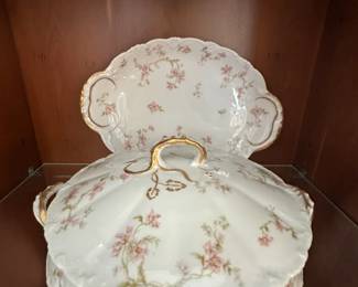 Theodore Haviland Limoges France Covered Vegetable Bowl and Under Plate featuring a delicate pink floral pattern &gold-tone accents
