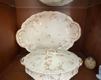 Theodore Haviland Limoges France Covered Vegetable Bowl and Under Plate featuring a delicate pink floral pattern &gold-tone accents