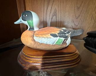 Hand painted duck decoy on wood base