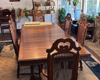 Mid Century Broyhill Conniver Wood Dining Table with Table  Extensions and 6 Caned Back Chairs
