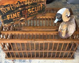 Chicken coop, antique wooden crate, wooden ducks