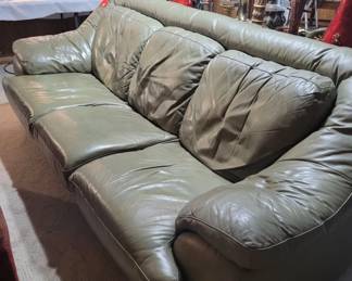 LEATHER - SAGE green Couch and Matching Love seat Worn but GREAT Quality