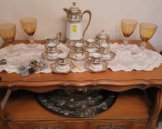 Antique Butler Side Table - top with  a Unique hand painted  Porcelain Tea Set