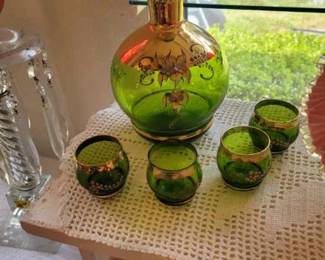 Color Glass Antique Decanter and matching hand- painted sipping tumblers
