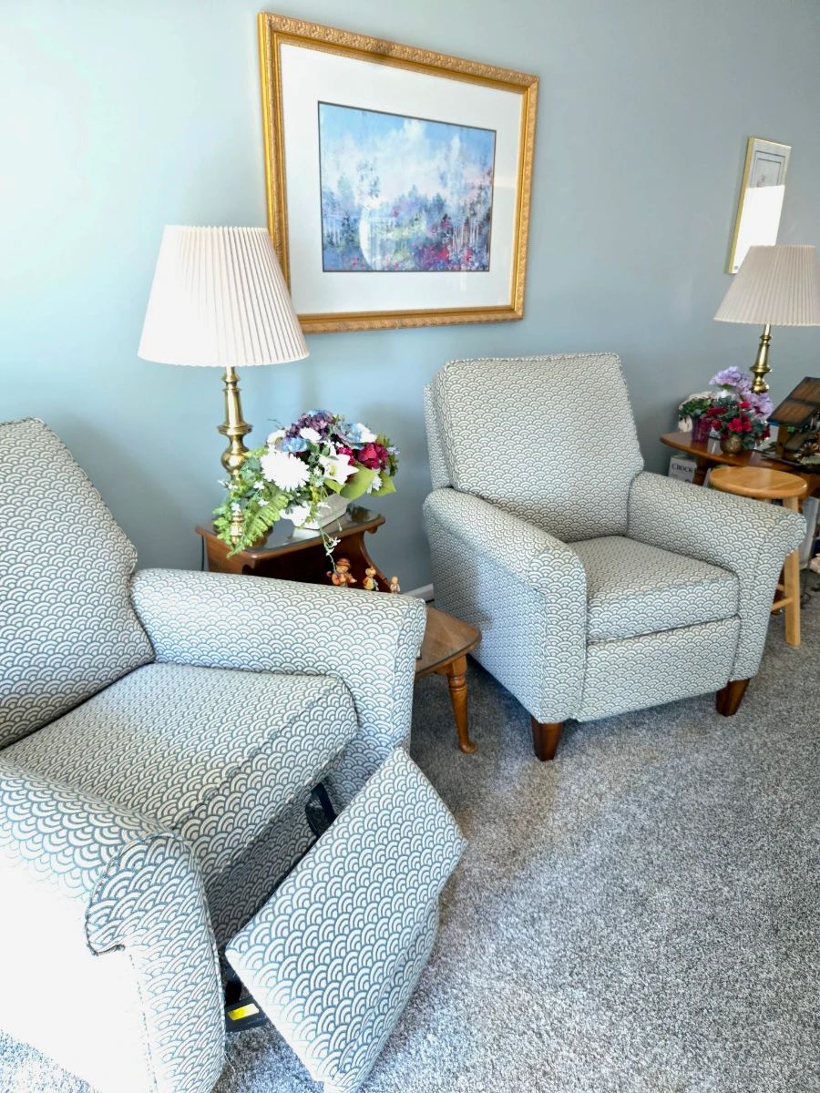 Pair of Matching Recliners; Pair of Brass Table Lamps; Silk Florals; End Tables; Large Print; Stool and more