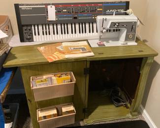 Roland Juno-106 Programmable Synthesizer; Singer Sewing Machine & Accessories with Painted Vintage Cabinet (Folds in & down!)
