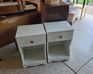 Pair of White End Tables with Drawers and Lower Storage; Plastic Patio Tables and more