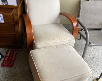 "Dirty" Off White Casual Chair with Wood Arms -- Needs Cleaning or New Upholstery!