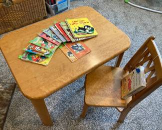 Vintage Birds Eye Maple Child's Table & Chair and Golden Book Collection
