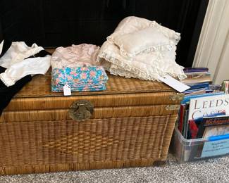 Wicker Trunk Brass Details w/Glass Top; Children's Clothing, etc.; magazines