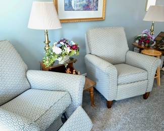 Pair of Matching Recliners; Pair of Brass Table Lamps; Silk Florals; End Tables; Large Print; Stool and more